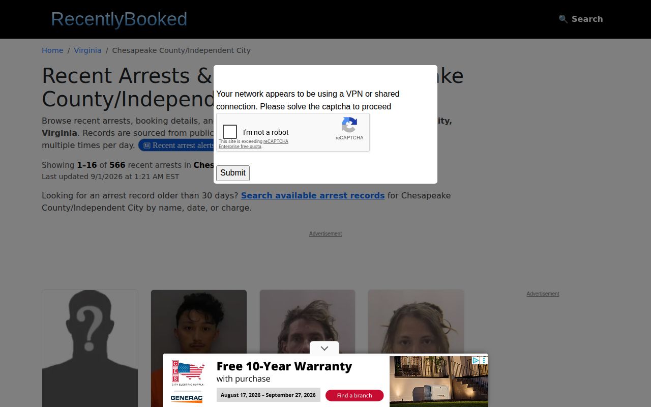 Unofficial Chesapeake booking-record listing shown as a secondary source