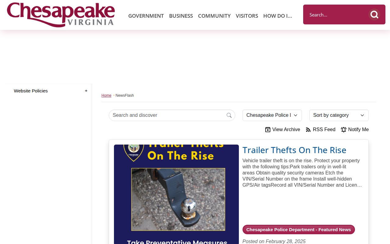 Chesapeake Police Department official wanted-record notice channel